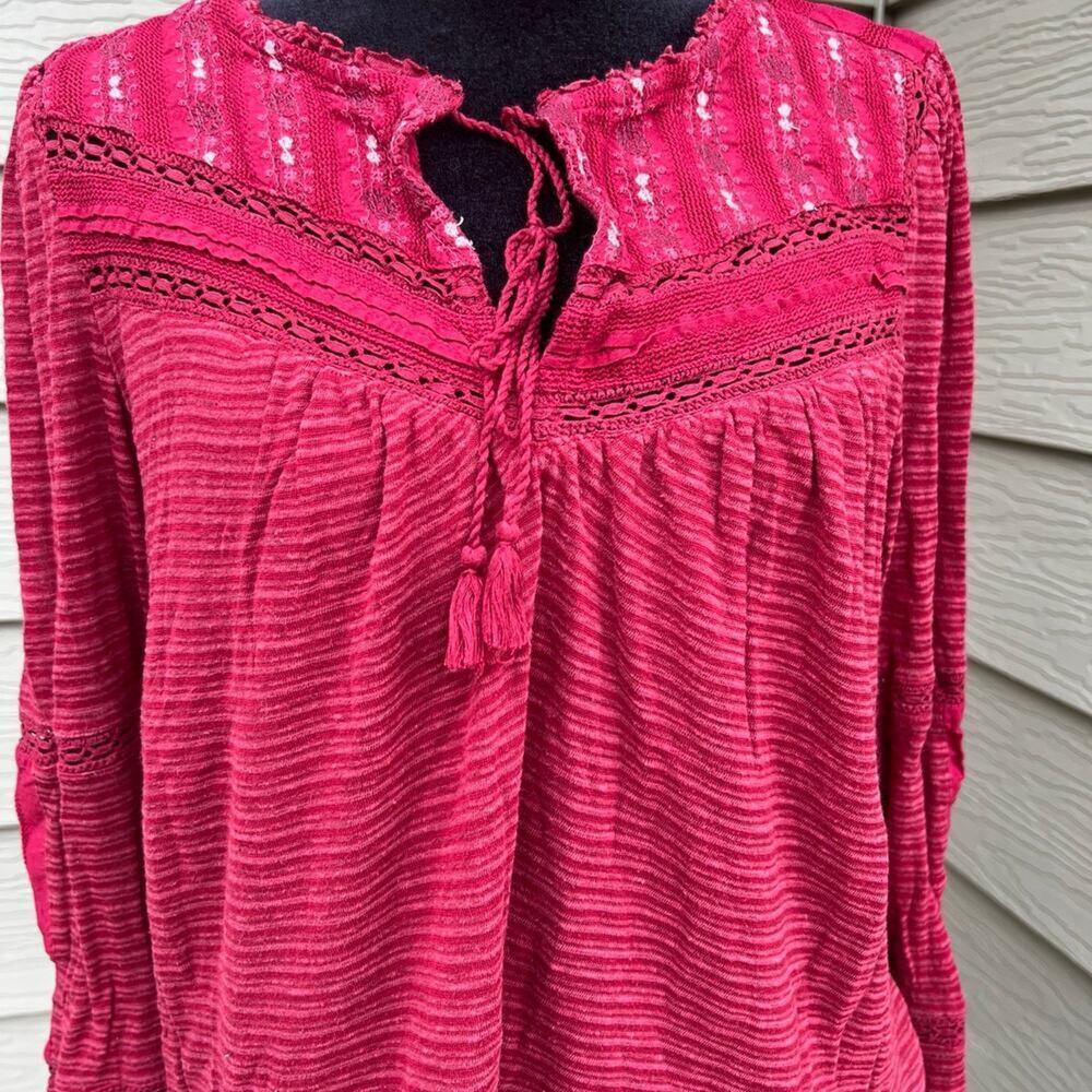 LUCKY BRAND L top, cranberry, long sleeves, V-neck with ties